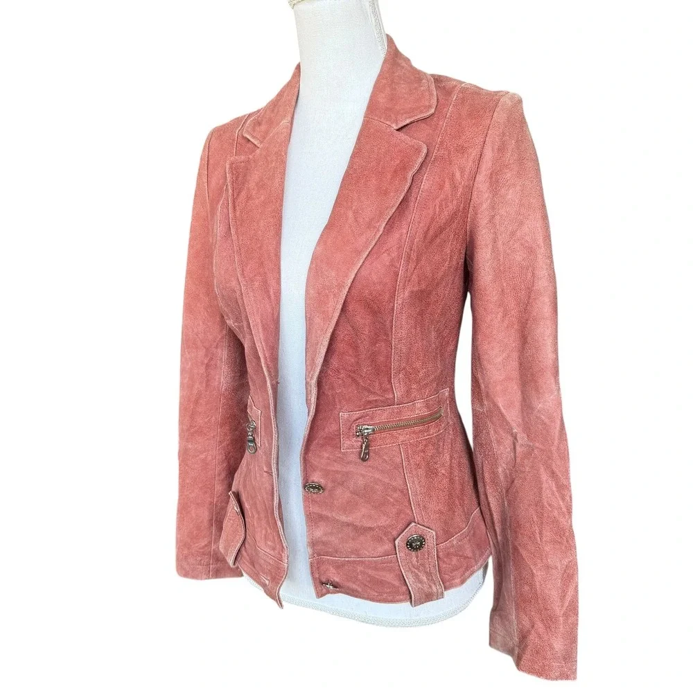 EZZA Michael Hoban‎ Pink Leather Blazer Jacket Zipper Detail Small
